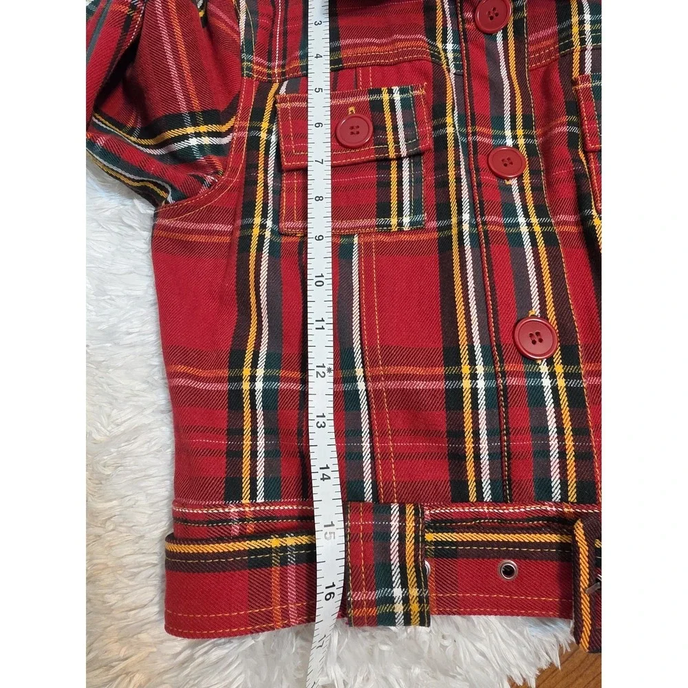 Wet Seal Red Plaid Cropped Belted Jacket  Cotton Tartan Button Up  Sz Junior S
